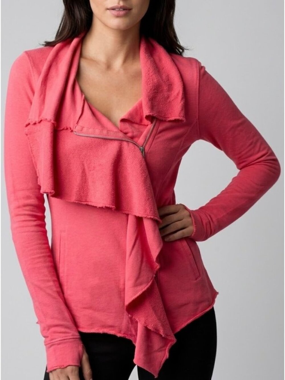 Free People Pink Asymmetrical Ruffle Zip Up Sweater Jacket L | Boho Y2K Grunge